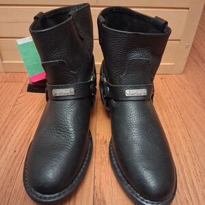 Black Leather Harness Ankle Boots - Women